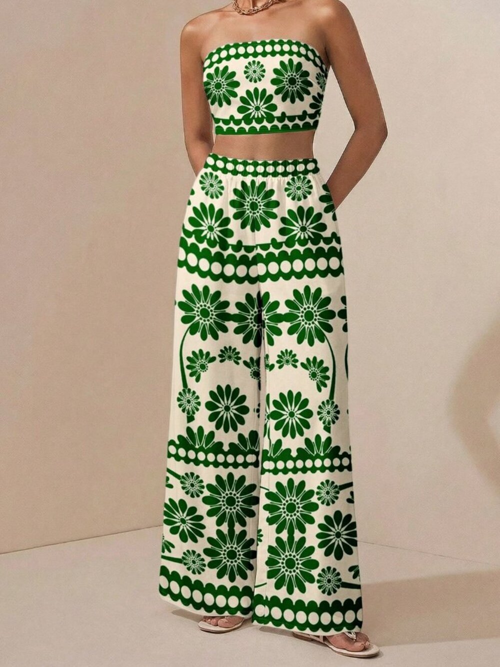 Multicolor Boho Women's Casual Vacation Beach Print Bandeau Top & Pants Set
